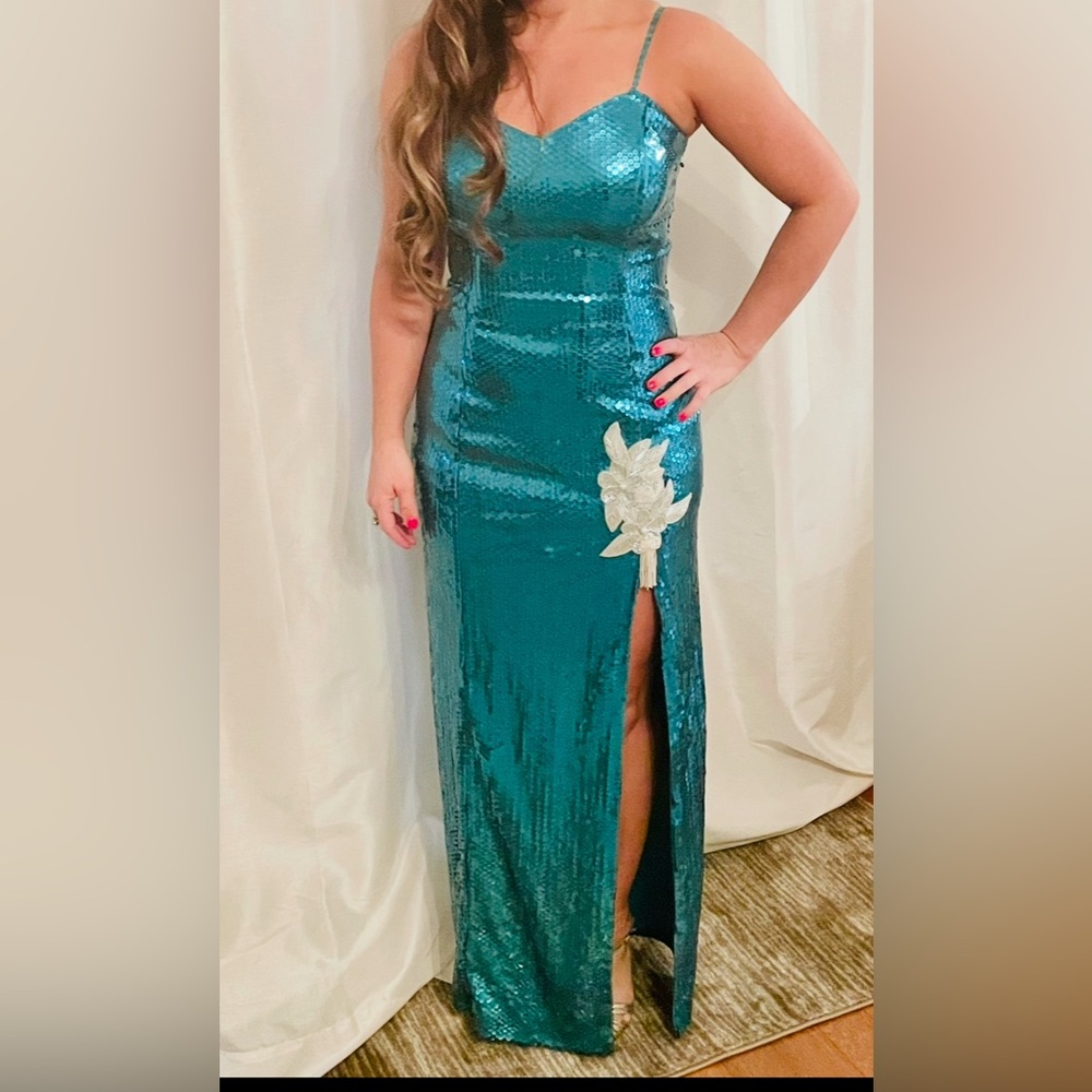 Teal Sequin Gown with Floral Detail